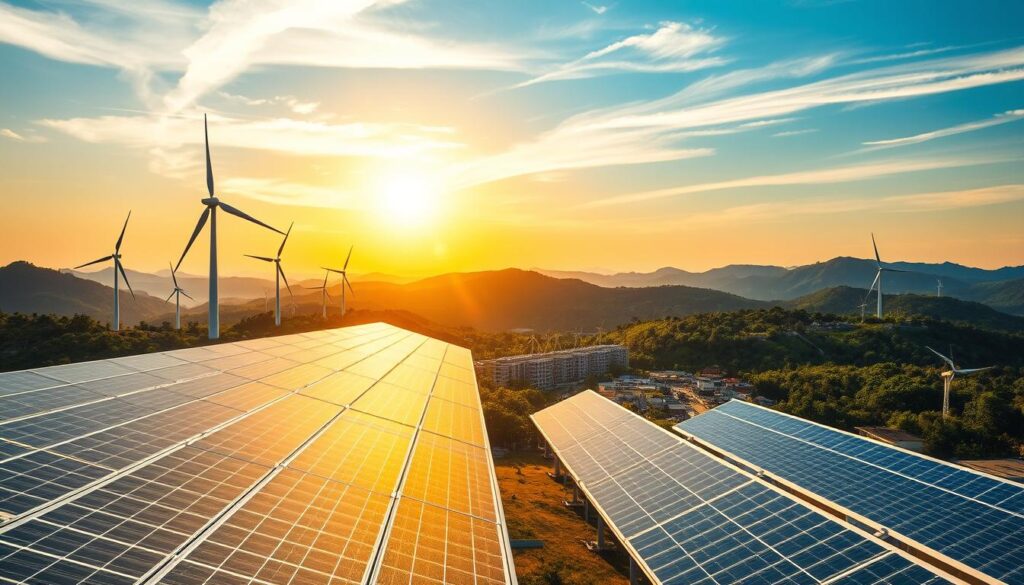 A sweeping landscape of clean energy sources, with towering wind turbines gracefully rotating against a vibrant, azure sky. In the foreground, sleek solar panels glisten in the warm sunlight, harnessing the power of the sun to fuel a sustainable future. The middle ground showcases a modern, eco-friendly city, its buildings adorned with green roofs and powered by renewable energy. In the distance, verdant hills and lush forests represent the symbiotic relationship between the economy and the environment, the foundations of Thailand's BCG model. The scene exudes a sense of harmony, progress, and a commitment to a cleaner, greener tomorrow.