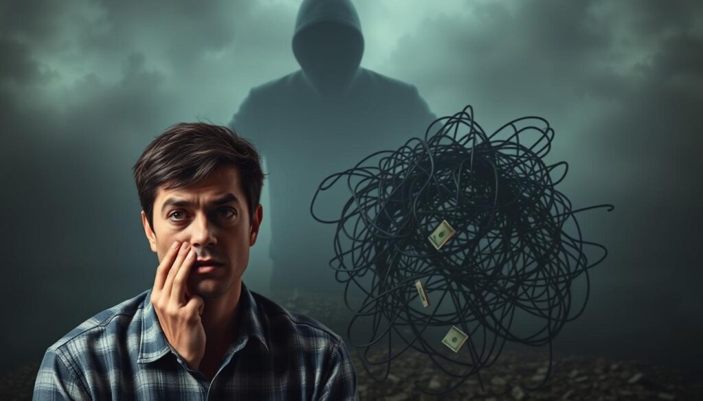 A tense and risky financial scenario unfolds against a backdrop of shadowy uncertainty. In the foreground, a person anxiously contemplates the perils of an unsecured loan, their expression fraught with concern. The middle ground reveals a tangled web of financial instruments, representing the intricate and potentially precarious nature of such arrangements. The distant background is hazy and foreboding, suggesting the looming threat of potential pitfalls and unintended consequences. The overall atmosphere is one of unease and trepidation, capturing the essence of the "Rizikos ir trūkumai naudojantis paskolomis be užstato" section of the article.