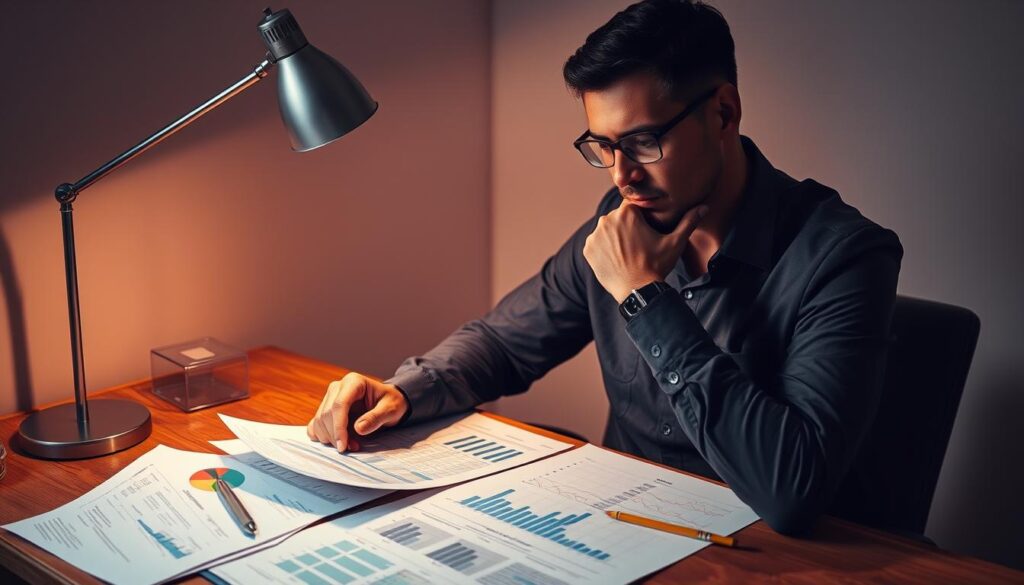 A thoughtful, analytical person sits at a wooden desk, meticulously reviewing financial statements and charts under the warm glow of a desk lamp. The surroundings are minimalist and uncluttered, allowing the subject's focused expression and the array of financial documents to take center stage. The lighting casts dramatic shadows, conveying a sense of deep contemplation. The overall mood is one of serious, strategic consideration, as the individual prepares to make informed investment decisions. The scene evokes a sense of careful, personalized financial planning before taking any major financial actions.