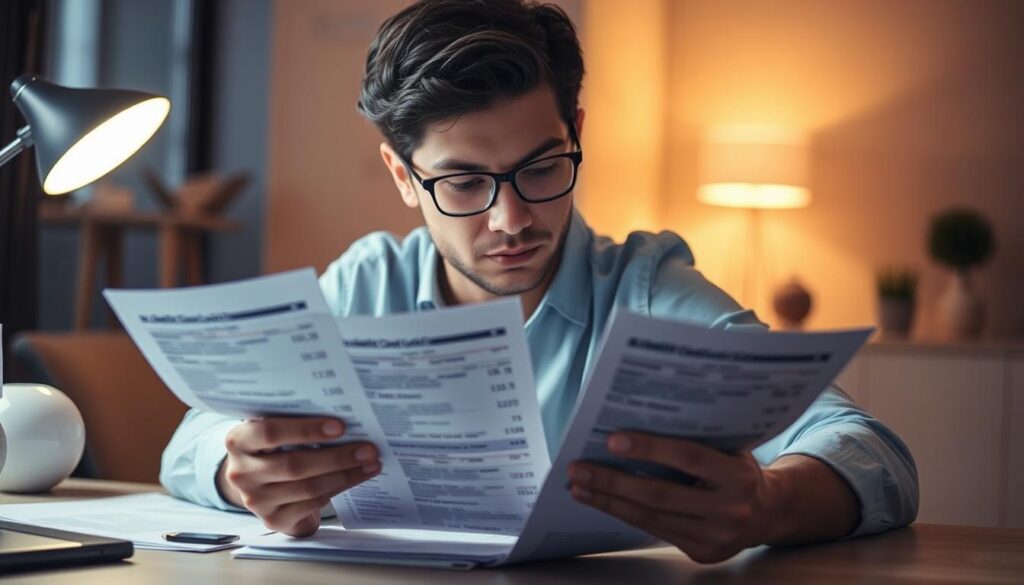 A thoughtful person carefully reviewing their credit card statements, meticulously analyzing each transaction with a responsible and prudent mindset. The scene is illuminated by a warm, ambient light, conveying a sense of focus and diligence. The background is subtly blurred, emphasizing the subject's concentration. The composition is balanced, with the person's face in the center, surrounded by neatly organized financial documents and a modern, minimalist desk setup. The overall atmosphere is one of financial responsibility, attention to detail, and a commitment to smart credit card usage.