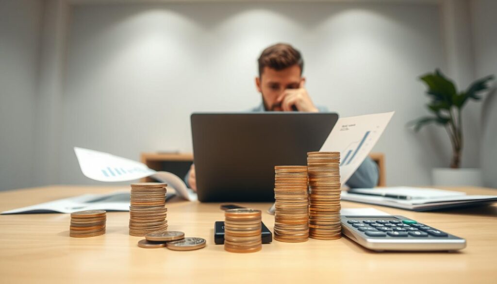 A thoughtful portfolio rebalancing scene. In the foreground, a person carefully reviews financial documents and charts on a laptop, concentrating on optimizing their investment mix. The middle ground features neatly organized stacks of coins, stock tickers, and a calculator, symbolizing the process of adjusting asset allocations. The background depicts a serene, minimalist office setting with neutral tones, indirect lighting, and clean lines, creating a sense of focus and intentionality. The overall mood is one of diligence, prudence, and a commitment to financial well-being. A 35mm lens captures this scene with a shallow depth of field, drawing the viewer's attention to the central activity.