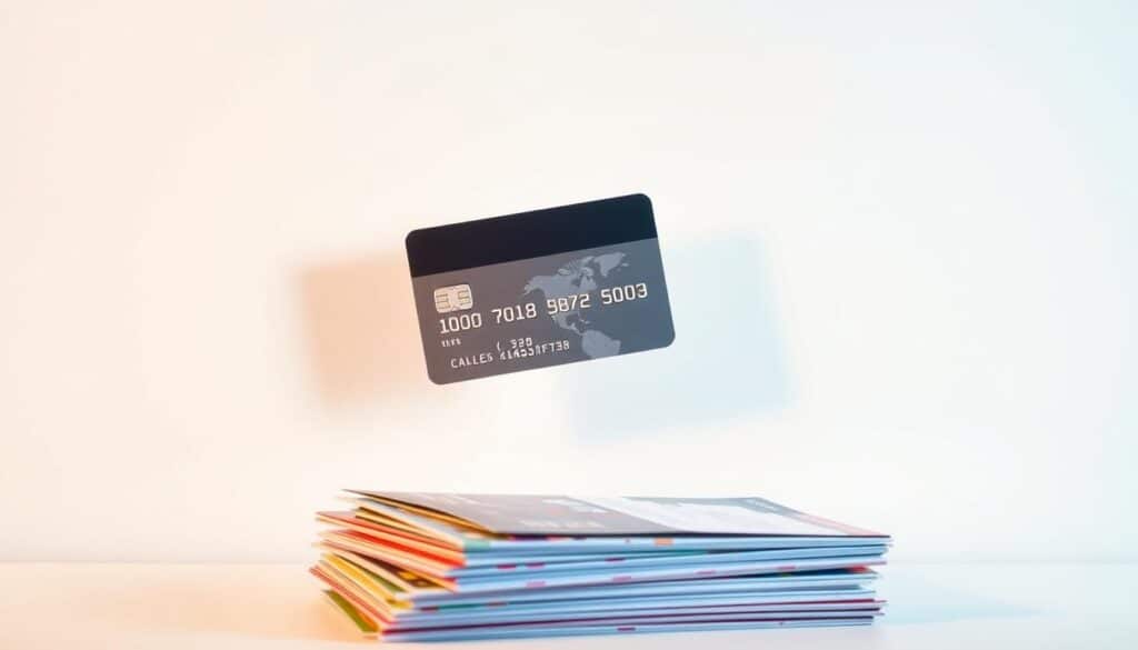 A thoughtfully designed credit card hovers against a crisp, white background, casting a soft shadow. The card's surface reflects a warm, ambient light, highlighting the intricate details of its design. In the foreground, a stack of colorful coupons, loyalty cards, and reward program materials are neatly arranged, suggesting the various ways the credit card can be used to accumulate benefits. The composition conveys a sense of organization, efficiency, and the effortless accumulation of valuable perks, perfectly capturing the "Cas pratiques et exemples de gains réels" section of the article.