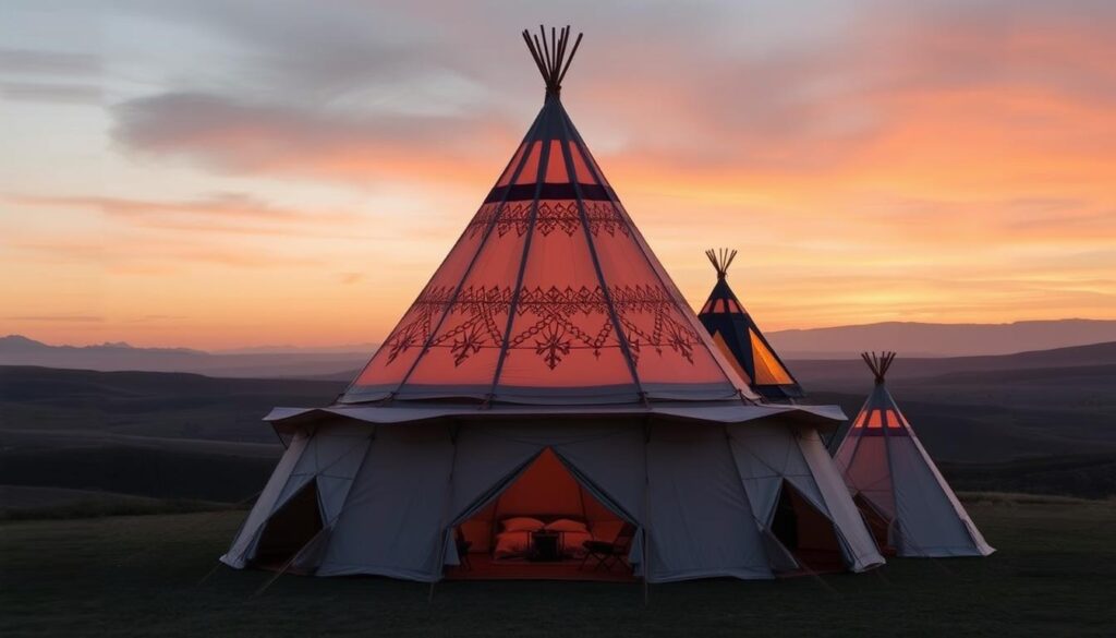 A tiered stack of contemporary tipi tents, each representing a different level of the Genius Card. The central tipi is the largest, with intricate geometric patterns adorning its exterior, symbolizing the top-tier benefits. Surrounding it, smaller tepees in progressively simpler designs showcase the lower-level advantages. Warm, diffused lighting filters through the canvas, creating a cozy, inviting atmosphere. The scene is set against a vast, dreamlike landscape, with rolling hills and a softly hued sky that evokes a sense of wonder and inspiration. A tiered stack of contemporary tipi tents, each representing a different level of the Genius Card. The central tipi is the largest, with intricate geometric patterns adorning its exterior, symbolizing the top-tier benefits. Surrounding it, smaller tepees in progressively simpler designs showcase the lower-level advantages. Warm, diffused lighting filters through the canvas, creating a cozy, inviting atmosphere. The scene is set against a vast, dreamlike landscape, with rolling hills and a softly hued sky that evokes a sense of wonder and inspiration.