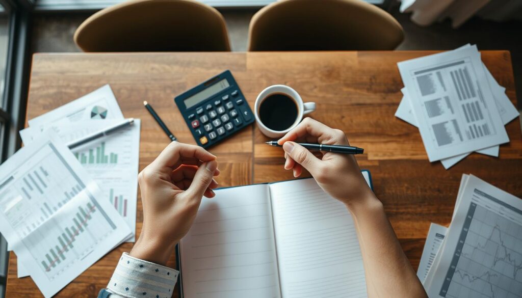 A top-down view of a wooden table, its surface scattered with financial documents, a calculator, and a cup of coffee. In the foreground, a person's hands hold a pen, poised to make notes in the margins of a notebook. The background features a large window, allowing natural light to pour in and cast a warm, contemplative glow. The overall atmosphere evokes a sense of focus, organization, and the thoughtful beginnings of an investment journey.