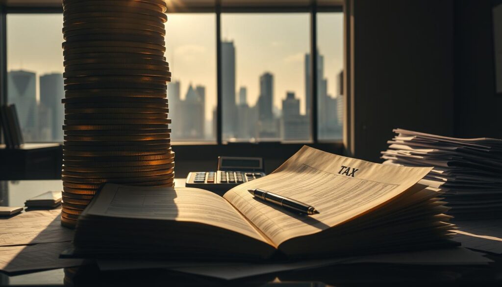 A towering stack of gold coins and tax documents, casting long shadows across a dimly lit office. The foreground features a large ledger book, its pages fluttering in a gentle breeze. In the middle ground, a calculator and a pen rest on a cluttered desk, surrounded by piles of paperwork. The background is dominated by a large window, revealing a cityscape of skyscrapers, hinting at the complexity and weight of the tax burden. The overall atmosphere is one of administrative burden, with a sense of both the importance and the strain of managing financial obligations. A towering stack of gold coins and tax documents, casting long shadows across a dimly lit office. The foreground features a large ledger book, its pages fluttering in a gentle breeze. In the middle ground, a calculator and a pen rest on a cluttered desk, surrounded by piles of paperwork. The background is dominated by a large window, revealing a cityscape of skyscrapers, hinting at the complexity and weight of the tax burden. The overall atmosphere is one of administrative burden, with a sense of both the importance and the strain of managing financial obligations.