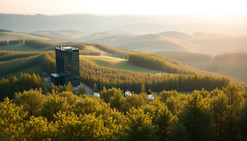 A tranquil Estonian landscape, where rolling hills and lush forests create a serene backdrop for the act of investment. In the foreground, a modern office building stands as a symbol of financial prosperity, its glass facade reflecting the sun's warm glow. Strategically placed among the trees, small investment icons, such as miniature stock tickers and piggy banks, dot the scene, representing the diverse opportunities for growth and wealth management. The lighting is soft and natural, casting a peaceful ambiance over the entire composition. The camera angle is slightly elevated, providing a panoramic view that conveys a sense of oversight and control over one's financial future. The overall mood is one of balance, stability, and the promise of a prosperous future through careful investment in Estonia.
