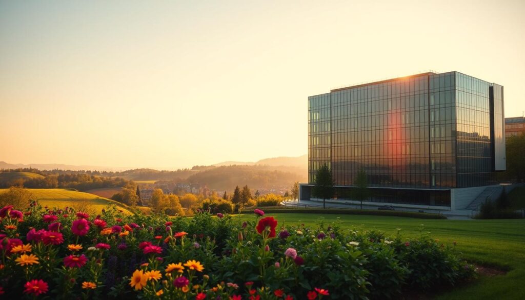 A tranquil Lithuanian landscape, bathed in warm, golden light. In the foreground, a well-manicured garden with vibrant flowers and lush greenery, symbolizing the growth and prosperity of local investments. In the middle ground, a modern, glass-fronted office building, its sleek, contemporary design reflecting the sophistication of the financial sector. Beyond, rolling hills and a picturesque village, hinting at the rich cultural heritage and stable economic foundations of the country. The scene exudes a sense of security, stability, and opportunity, inviting the viewer to explore the potential of investing in this thriving nation.