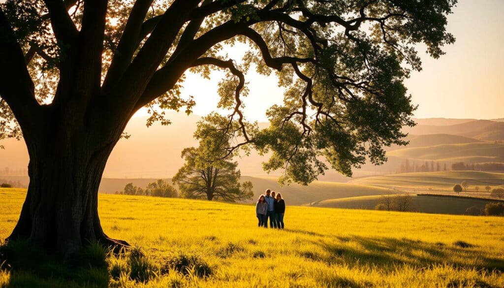 A tranquil and harmonious scene depicting the concept of "осигурање" (insurance). In the foreground, a sturdy and trustworthy-looking oak tree stands tall, its branches reaching skyward, symbolizing the strong foundation of financial security. Surrounding the tree, a lush, verdant meadow is bathed in warm, golden sunlight, conveying a sense of comfort and stability. In the middle ground, a family is gathered, their faces radiating serenity and contentment, as they enjoy the peace and security provided by the insurance policy represented by the oak tree. The background features a serene, rolling landscape with distant hills, creating a sense of depth and emphasizing the enduring nature of the financial protection offered by insurance. The overall mood is one of tranquility, reliability, and a deep-rooted commitment to safeguarding one's financial future.