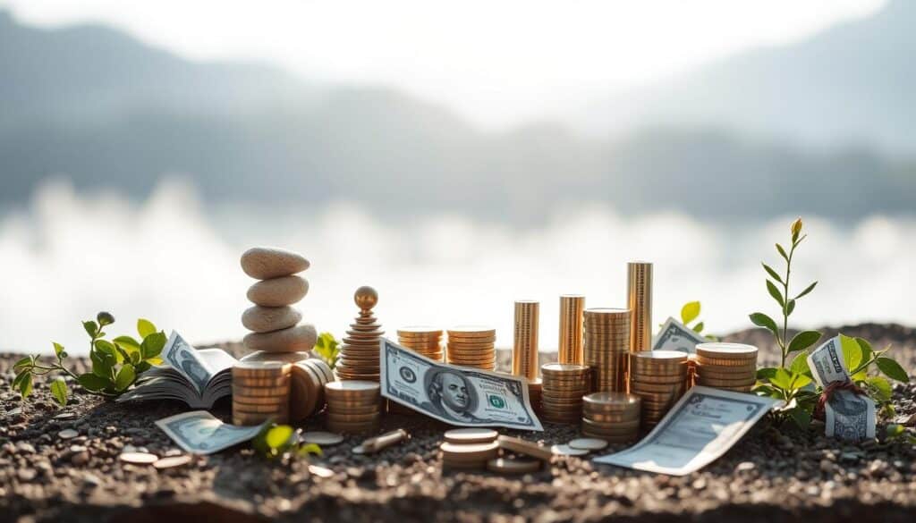 A tranquil financial landscape, where various investment instruments, such as stocks, bonds, and mutual funds, are artfully arranged against a backdrop of soft, natural lighting. The scene conveys a sense of balance and thoughtful consideration, with the instruments positioned in a harmonious composition that invites the viewer to explore the possibilities of prudent investing. The overall mood is one of calm contemplation, guiding the viewer towards a path of financial freedom and security.