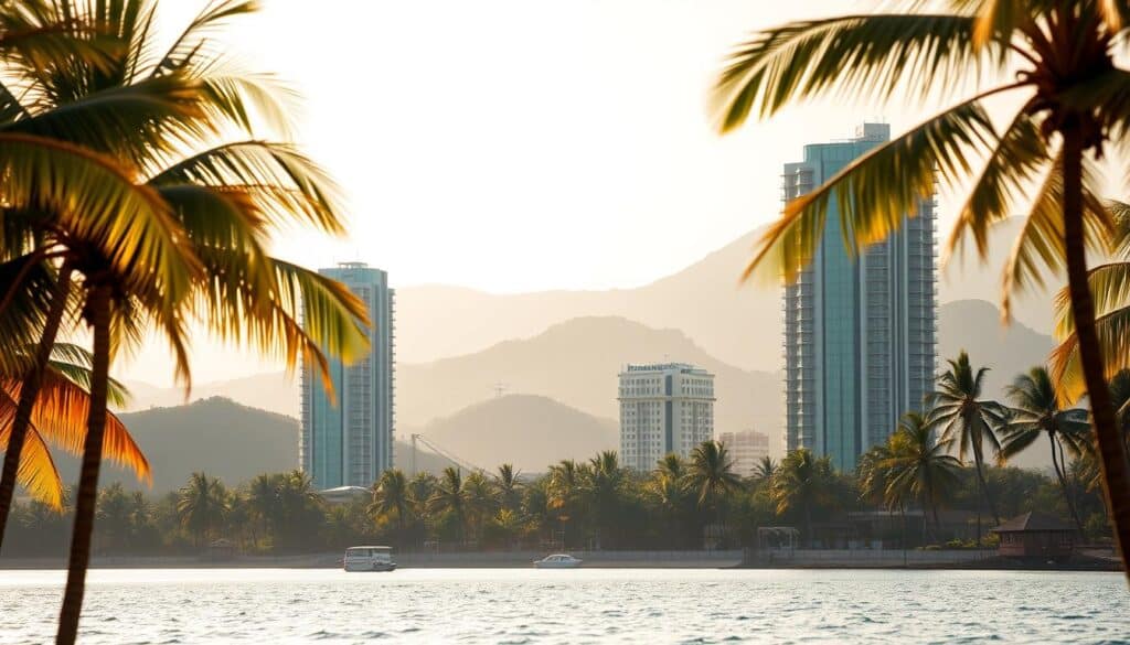 A tranquil landscape of the Philippines, showcasing the nation's potential for long-term investment. In the foreground, a serene beach with palm trees swaying gently in the warm breeze. The middle ground features a modern, high-rise building with glass facades, symbolizing the growth and development of the country's financial sector. In the background, rolling hills and mountains create a picturesque backdrop, highlighting the natural beauty that attracts investors. The lighting is soft and golden, creating a sense of optimism and prosperity. The camera angle is slightly elevated, offering a panoramic view of the scene, inviting the viewer to envision the opportunities for financial freedom in the Philippines.