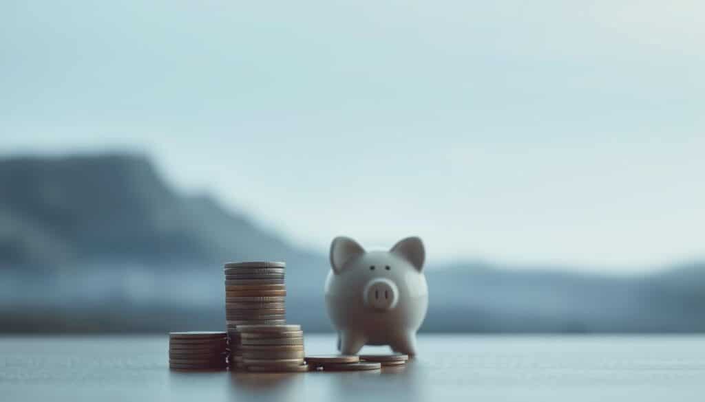 A tranquil, minimalist composition depicting personal financial security. In the foreground, a serene palette of soft blues and grays creates a sense of calm and stability. In the middle ground, a stack of coins and a piggy bank symbolize accumulated wealth, protected by a strong glass enclosure. The background features a blurred, abstract landscape, suggesting a secure, isolated environment. Gentle lighting casts a soothing glow, evoking a feeling of safety and peace. The image conveys the idea of carefully safeguarding one's personal finances, free from external risks or uncertainties.