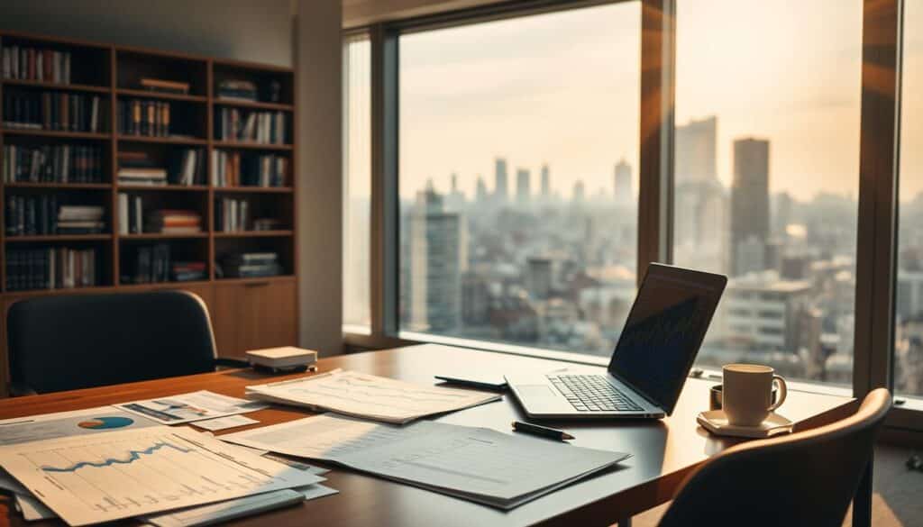A tranquil office scene bathed in warm, natural light. In the foreground, a desk displays an array of financial documents, graphs, and a laptop displaying stock market data. In the middle ground, a carefully curated bookshelf holds volumes on investment strategies and personal finance. The background features a large window overlooking a bustling city skyline, suggesting a sense of opportunity and growth. The overall mood is one of thoughtful consideration, with an emphasis on thorough research and informed decision-making in the Danish stock market.