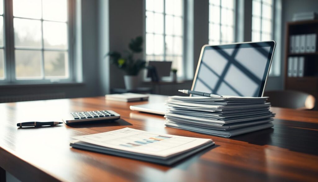 A tranquil office scene with an open laptop, a calculator, and a neatly organized stack of financial documents on a polished wooden desk. Soft, natural lighting filters through large windows, casting a warm glow on the space. The atmosphere is one of focused productivity and financial control, reflecting the ability of online banking to streamline and optimize personal finances. The camera angle is slightly elevated, giving a sense of perspective and highlighting the thoughtful arrangement of the scene's elements. A tranquil office scene with an open laptop, a calculator, and a neatly organized stack of financial documents on a polished wooden desk. Soft, natural lighting filters through large windows, casting a warm glow on the space. The atmosphere is one of focused productivity and financial control, reflecting the ability of online banking to streamline and optimize personal finances. The camera angle is slightly elevated, giving a sense of perspective and highlighting the thoughtful arrangement of the scene's elements.