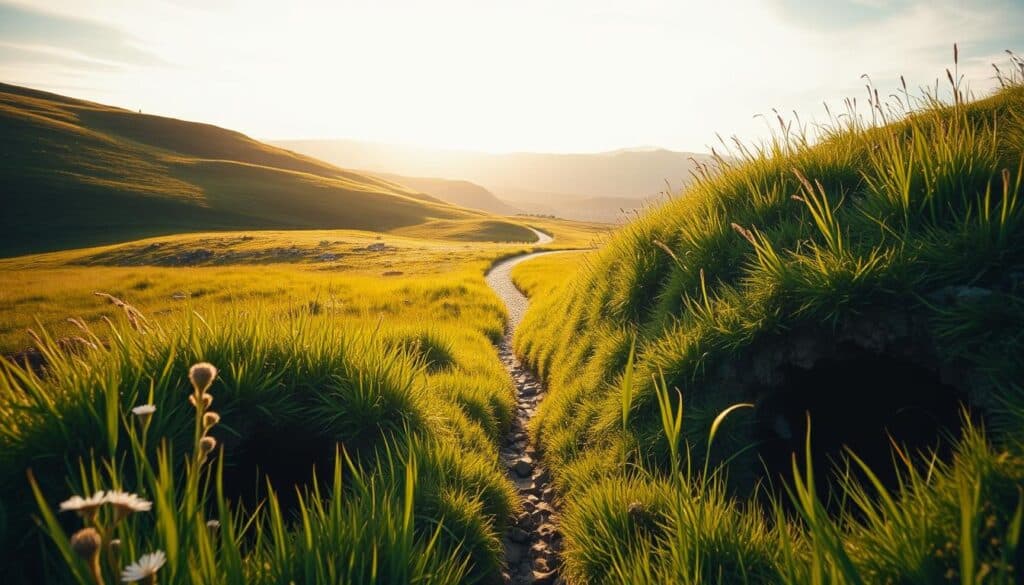 A tranquil scene of a lush, verdant meadow dotted with pitfalls, symbolizing the common financial traps to avoid on the path to a debt-free lifestyle. The foreground features the gaping maws of the "fallgropar", their depths obscured by tall grass and wildflowers. In the middle ground, a winding path meanders through the idyllic landscape, inviting the viewer to navigate carefully. The background is dominated by rolling hills and a warm, golden-hued sky, conveying a sense of peaceful contemplation. Soft, diffused lighting casts long shadows, creating a contemplative mood. Captured with a wide-angle lens to emphasize the expansive, serene setting, this image serves as a visual metaphor for the "Vanliga fallgropar att undvika" on the journey to financial freedom.