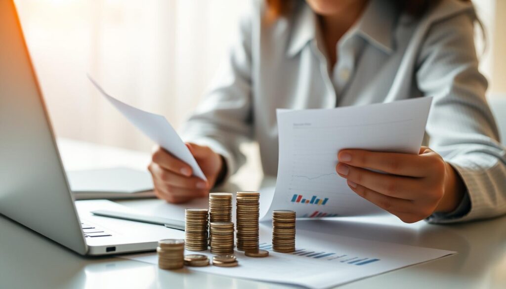 A tranquil scene of a person carefully reviewing financial documents, surrounded by neatly stacked coins and a laptop displaying investment charts. Soft, warm lighting illuminates the workspace, creating a sense of focus and calm. The composition emphasizes the simplicity and accessibility of small-scale investments, with a minimalist aesthetic that conveys a balanced, automated approach to wealth creation. The image should evoke a feeling of financial empowerment and the potential for steady, passive income through well-considered, low-risk investments.