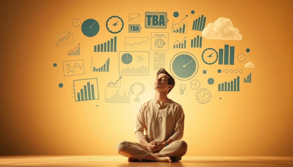 A tranquil scene of a person deep in contemplation, surrounded by the symbols of investment psychology. In the foreground, a serene figure sits cross-legged, eyes closed, exuding a sense of introspection and mindfulness. Behind them, a collection of financial charts, graphs, and analytical tools float weightlessly, conveying the complexities of the investment landscape. The background is bathed in a warm, golden light, creating an atmosphere of thoughtful consideration and enlightenment. Subtle textural elements, such as soft cloud-like formations and geometric patterns, add depth and visual interest to the composition. The overall mood is one of balance, wisdom, and the harmonious integration of emotion and reason in the pursuit of financial success.