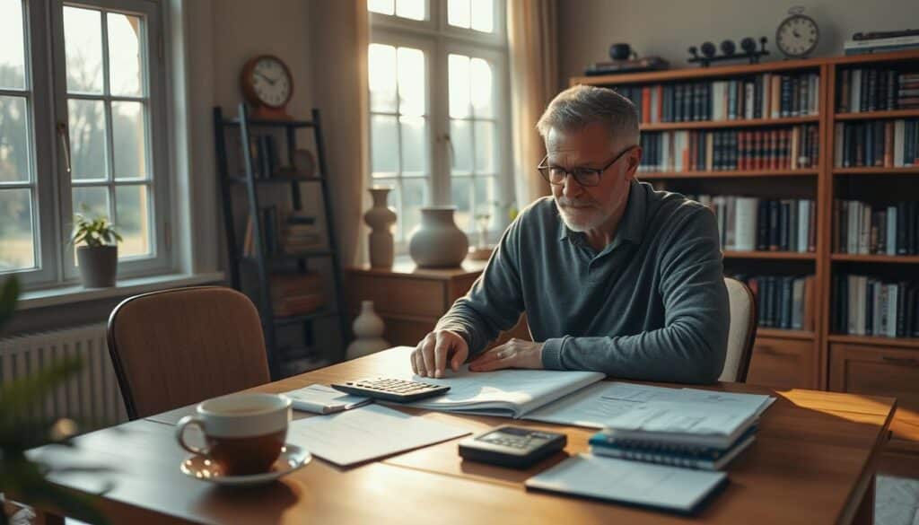 A tranquil scene of a person sitting at a wooden desk, meticulously planning their pension strategy. Soft, natural lighting filters through large windows, casting a warm, contemplative glow. The desktop is adorned with financial documents, a calculator, and a cup of coffee, hinting at the deliberate, thoughtful process. In the background, a bookshelf filled with finance and retirement planning guides suggests a wealth of knowledge and experience. The individual's expression is one of focused concentration, underscoring the importance of this lifelong financial journey. The overall atmosphere conveys a sense of diligence, foresight, and a commitment to securing a comfortable retirement.