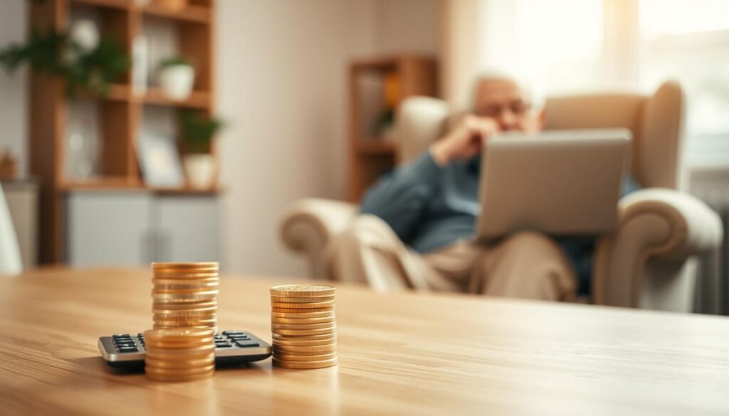 A tranquil scene of a serene retirement planning strategy. In the foreground, a stack of golden coins and a calculator rest on a wooden table, symbolizing the careful financial management required. The middle ground features a pensioner sitting in a comfortable armchair, pensively gazing at a laptop, deep in contemplation of their investment options. The background is softly blurred, with muted tones of a cozy home interior, conveying a sense of security and contentment. Warm, natural lighting gently illuminates the scene, creating a peaceful, reflective atmosphere. The overall composition evokes a thoughtful, well-planned approach to building a stable financial future.