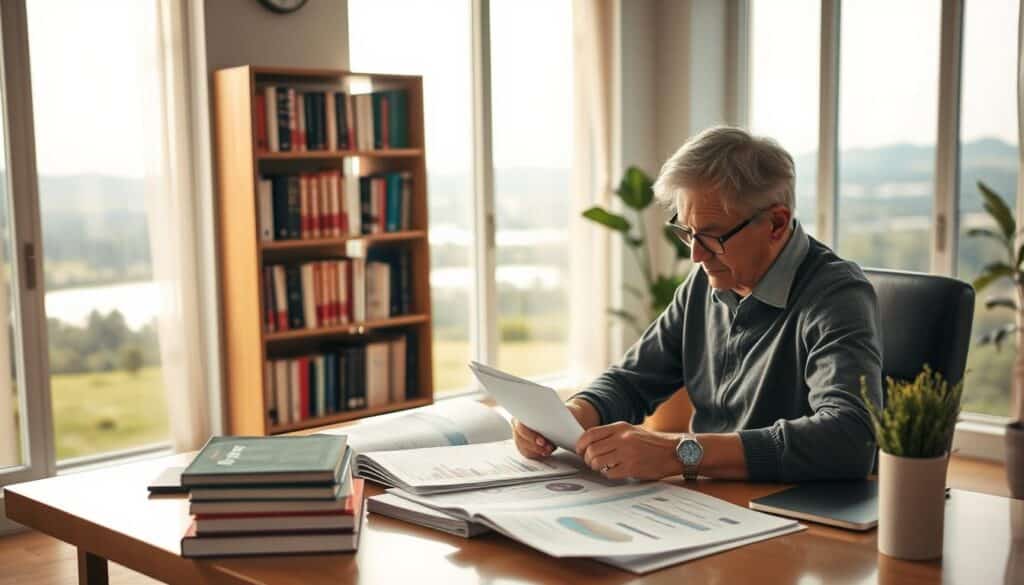 A tranquil scene of financial planning for retirement. In the foreground, a person sits at a desk, meticulously reviewing retirement account statements and calculating future projections. The mid-ground features a bookshelf filled with finance and investment guides, symbolizing the research and preparation involved. In the background, a large window overlooking a serene landscape, conveying a sense of peace and long-term security. Soft, warm lighting casts a contemplative glow, and the overall composition emphasizes the importance of responsible financial planning for one's golden years. The scene evokes a feeling of foresight, diligence, and a well-considered approach to achieving financial goals and a comfortable retirement.