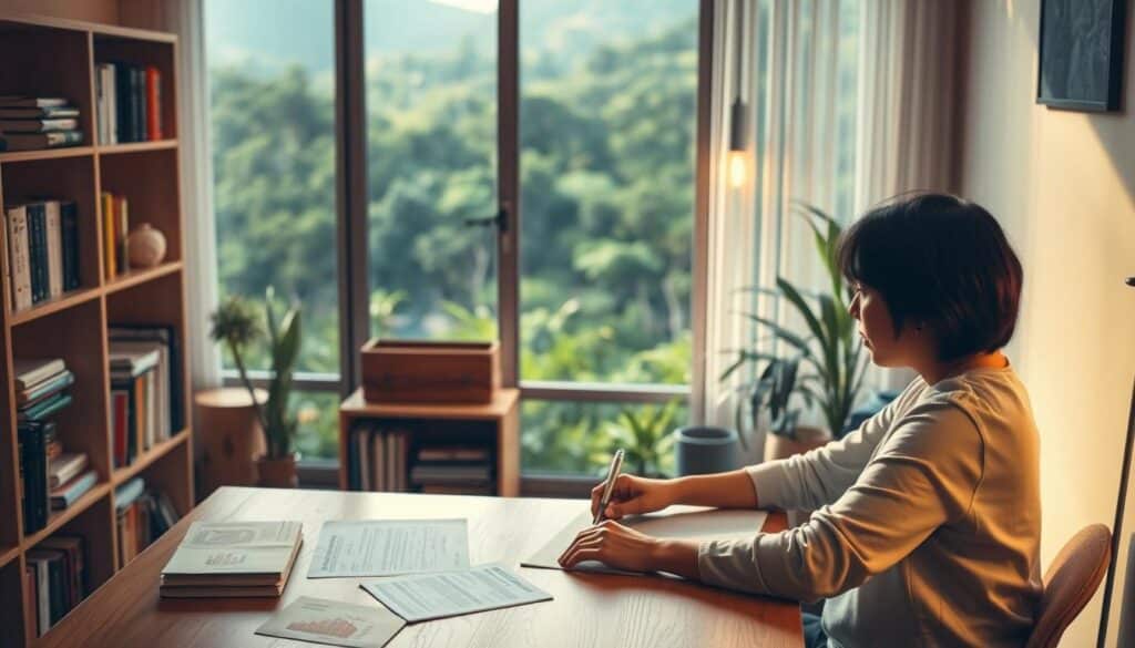 A tranquil scene of financial planning in the Philippines, captured in a warm, soft-lit setting. In the foreground, a person sits at a wooden desk, thoughtfully reviewing financial documents and planning for a prosperous future. The middle ground features shelves filled with books on personal finance, investment strategies, and retirement planning. The background showcases a lush, verdant landscape outside a window, representing the bountiful opportunities that careful financial planning can unlock. The overall mood is one of contemplation, diligence, and a sense of optimism for the road ahead. A tranquil scene of financial planning in the Philippines, captured in a warm, soft-lit setting. In the foreground, a person sits at a wooden desk, thoughtfully reviewing financial documents and planning for a prosperous future. The middle ground features shelves filled with books on personal finance, investment strategies, and retirement planning. The background showcases a lush, verdant landscape outside a window, representing the bountiful opportunities that careful financial planning can unlock. The overall mood is one of contemplation, diligence, and a sense of optimism for the road ahead.