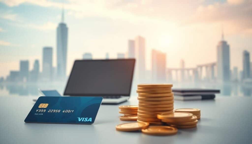 A tranquil scene of passive income sources in a serene digital landscape. In the foreground, a stack of gold coins and a bank card symbolize financial prosperity. In the middle ground, a laptop, smartphone, and other tech devices represent online business opportunities. In the background, a stylized cityscape with skyscrapers and a serene blue sky conveys the freedom and flexibility of internet-based earnings. Soft, diffused lighting creates a calming, aspirational atmosphere. Composed with a cinematic, widescreen aspect ratio to emphasize the expansive potential of passive income.