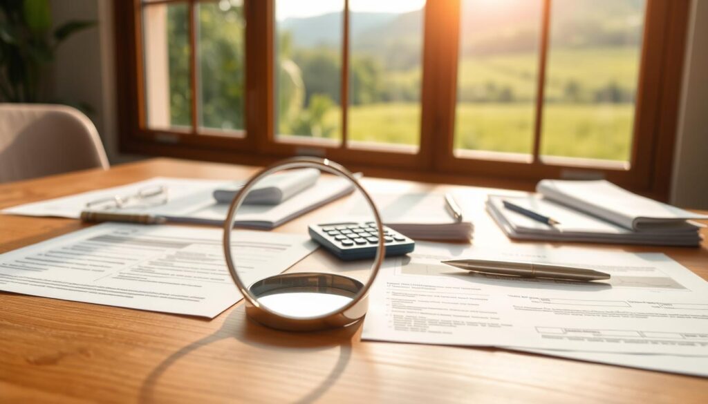 A tranquil scene of various insurance policies and documents arranged neatly on a wooden table, bathed in soft, natural lighting. In the foreground, a magnifying glass hovers over the details, symbolizing the importance of carefully reviewing one's coverage. The middle ground features a calculator, a pen, and a stack of papers, conveying the financial aspects of insurance management. In the background, a window offers a serene view of a lush, verdant landscape, evoking a sense of security and protection. The overall atmosphere is one of thoughtfulness, organization, and a commitment to financial well-being.