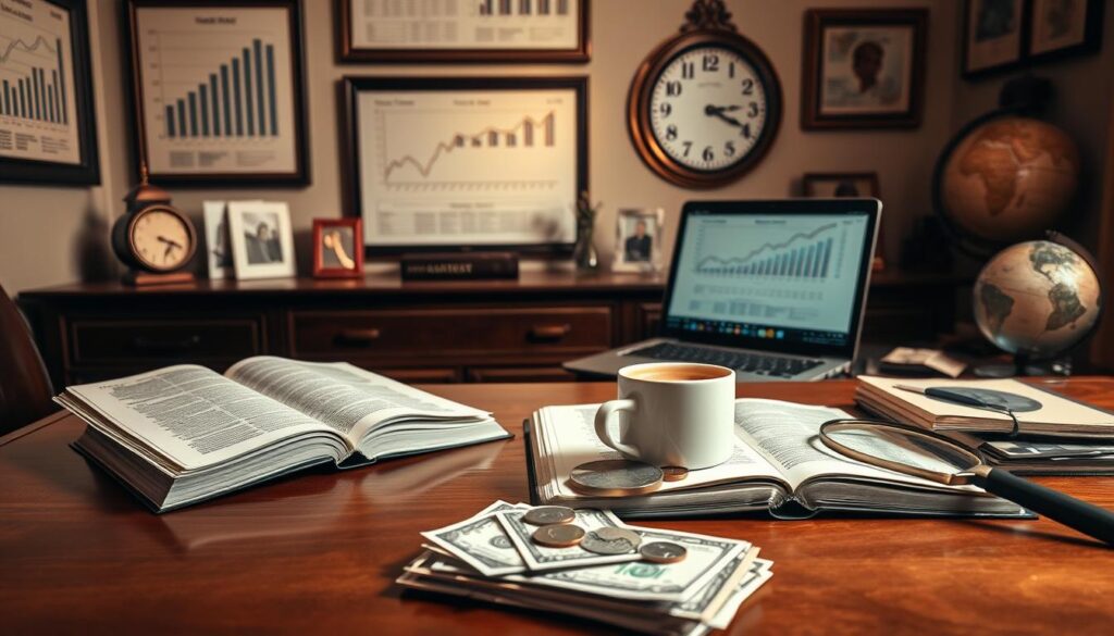 A tranquil study with an open book, a cup of coffee, and a magnifying glass on a polished wooden desk. The walls are adorned with framed financial charts and graphs, casting a contemplative atmosphere. Soft, warm lighting illuminates the scene, inviting the viewer to ponder the psychology of money - the habits, behaviors, and mental processes that shape our financial decisions. In the foreground, a stack of neatly organized bills and coins suggests the tangible aspects of personal finance, while the middle ground features a laptop displaying budget spreadsheets, hinting at the analytical side of money management. The background blends sepia-toned vintage elements, such as an antique clock and a globe, evoking a sense of timelessness and the enduring nature of financial planning.