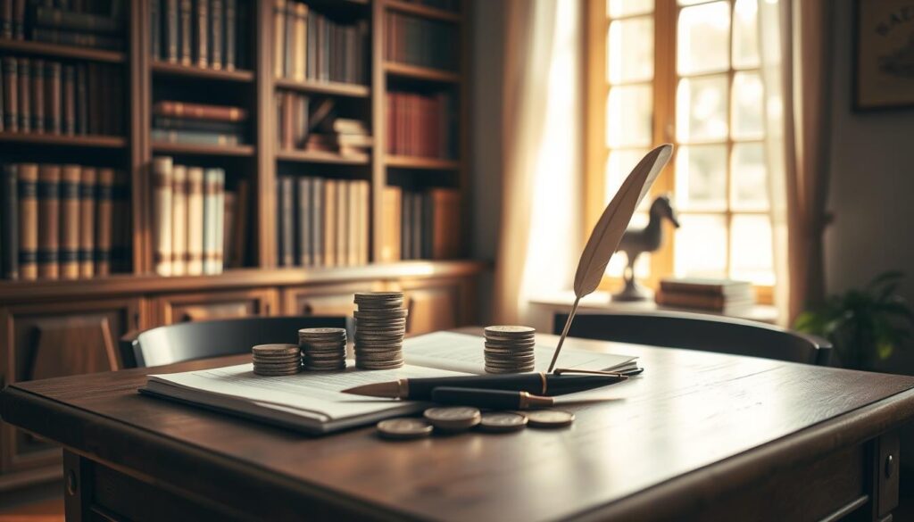 A tranquil study with warm lighting and a cozy atmosphere. A wooden table takes center stage, its surface adorned with neatly stacked coins, a ledger, and a quill pen - symbolic of the art of saving and tracking finances. The background features a bookshelf filled with financial tomes, creating an intellectual, contemplative setting. Soft natural light filters through a window, casting a serene glow over the scene. The overall composition conveys a sense of discipline, organization, and the thoughtful pursuit of financial well-being.