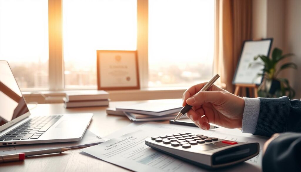 A tranquil, sun-dappled office setting with a professional-looking desk, a laptop, and various financial documents. In the foreground, a hand holds a pen, thoughtfully poised over a calculator, symbolizing the act of tax optimization. The middle ground features a framed diploma or certificate, hinting at the individual's financial expertise. The background showcases a window overlooking a serene city skyline, bathed in warm, golden light, creating a sense of calm and focus. The overall scene conveys a balanced, methodical approach to pension planning and tax optimization.