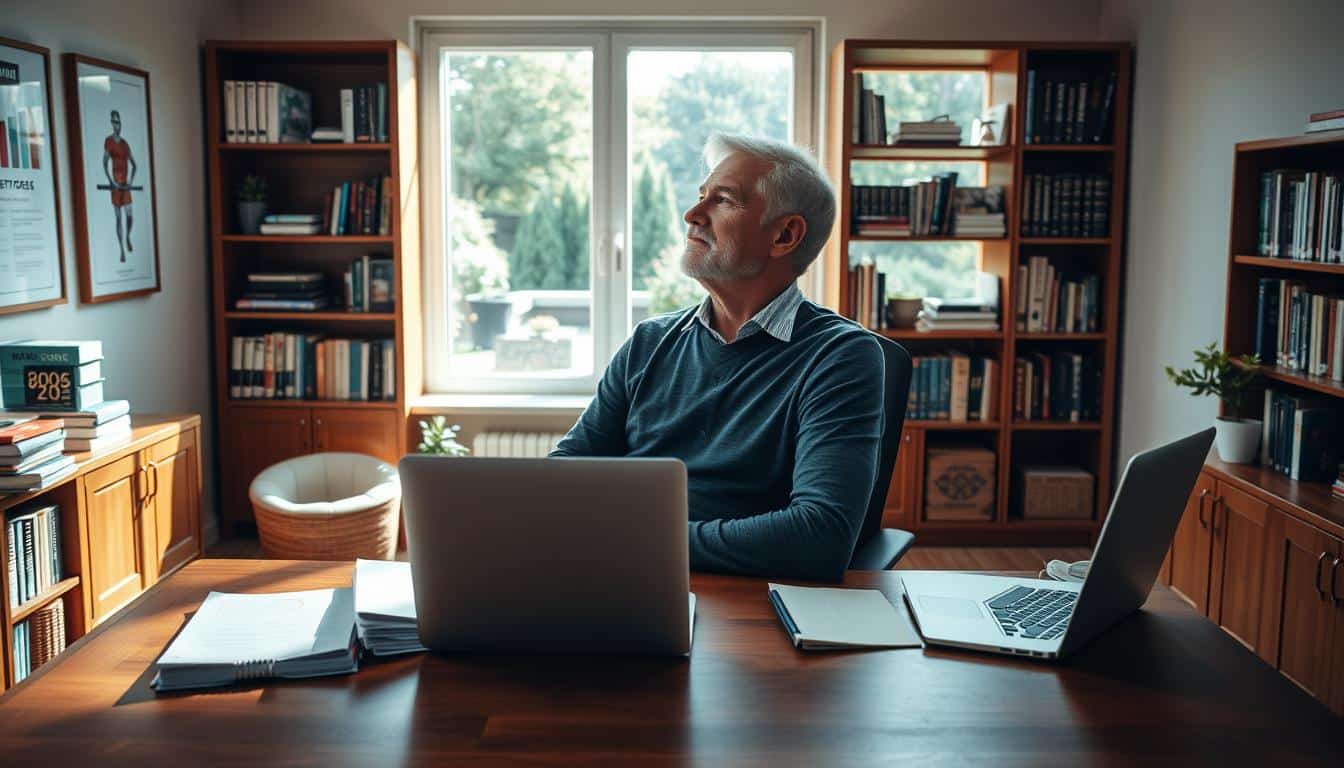 A tranquil, well-organized office setting, with a large wooden desk and ergonomic chair at the center. On the desk, a laptop, a stack of retirement planning documents, and a thoughtful, middle-aged person sitting in contemplation, their gaze directed towards a window overlooking a peaceful garden. Warm, natural lighting filters through, casting a serene ambiance. In the background, bookshelves lined with financial planning guides and retirement resources. The overall atmosphere conveys a sense of careful preparation and contemplation for the next chapter of life.