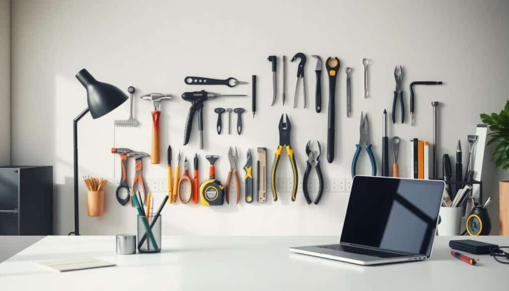 A tranquil workspace filled with an array of sleek, modern tools and equipment arranged in a visually appealing manner. The foreground features a minimalist desk with a laptop, a pen holder, and a few carefully selected office supplies. The middle ground showcases a neatly organized set of tools, including a tape measure, a set of screwdrivers, a hammer, and pliers, all positioned against a soft, muted background. The background depicts a serene, minimalist room with clean lines, natural lighting, and a sense of order and calm, suggesting a harmonious and uncluttered environment conducive to a debt-free lifestyle.