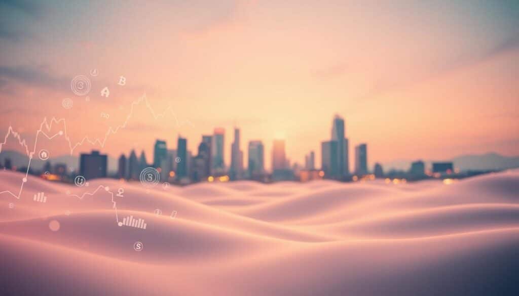 A tranquil yet dynamic investment landscape, captured in a dreamy, pastel-hued atmosphere. In the foreground, abstract financial symbols and charts float effortlessly, hinting at the intricate web of market trends. The middle ground features a gently undulating cityscape, its modernist architecture and neon-lit skyscrapers symbolizing the pulse of the economy. The background reveals a softly blurred horizon, where the sky blends seamlessly with the earth, conveying a sense of balance and stability. Warm, diffused lighting casts a contemplative glow, inviting the viewer to ponder the current state of the investment climate. The overall composition exudes a sense of thoughtful introspection, perfectly suited to illustrate the section on "Aktuelle markedstendenser og investeringsstrategier."