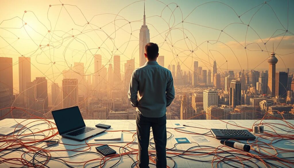 A vast financial landscape, where a person navigates a complex web of debt management. In the foreground, a figure stands amidst a sea of colored lines and charts, carefully analyzing their financial situation. The middle ground features a desktop workspace, with a laptop, calculator, and various financial documents spread out, conveying the meticulous planning required. In the background, a towering cityscape serves as a backdrop, symbolizing the wider economic environment. The scene is bathed in a warm, golden light, creating a sense of focus and determination. The overall atmosphere is one of thoughtful consideration, as the individual takes control of their financial future. A vast financial landscape, where a person navigates a complex web of debt management. In the foreground, a figure stands amidst a sea of colored lines and charts, carefully analyzing their financial situation. The middle ground features a desktop workspace, with a laptop, calculator, and various financial documents spread out, conveying the meticulous planning required. In the background, a towering cityscape serves as a backdrop, symbolizing the wider economic environment. The scene is bathed in a warm, golden light, creating a sense of focus and determination. The overall atmosphere is one of thoughtful consideration, as the individual takes control of their financial future.