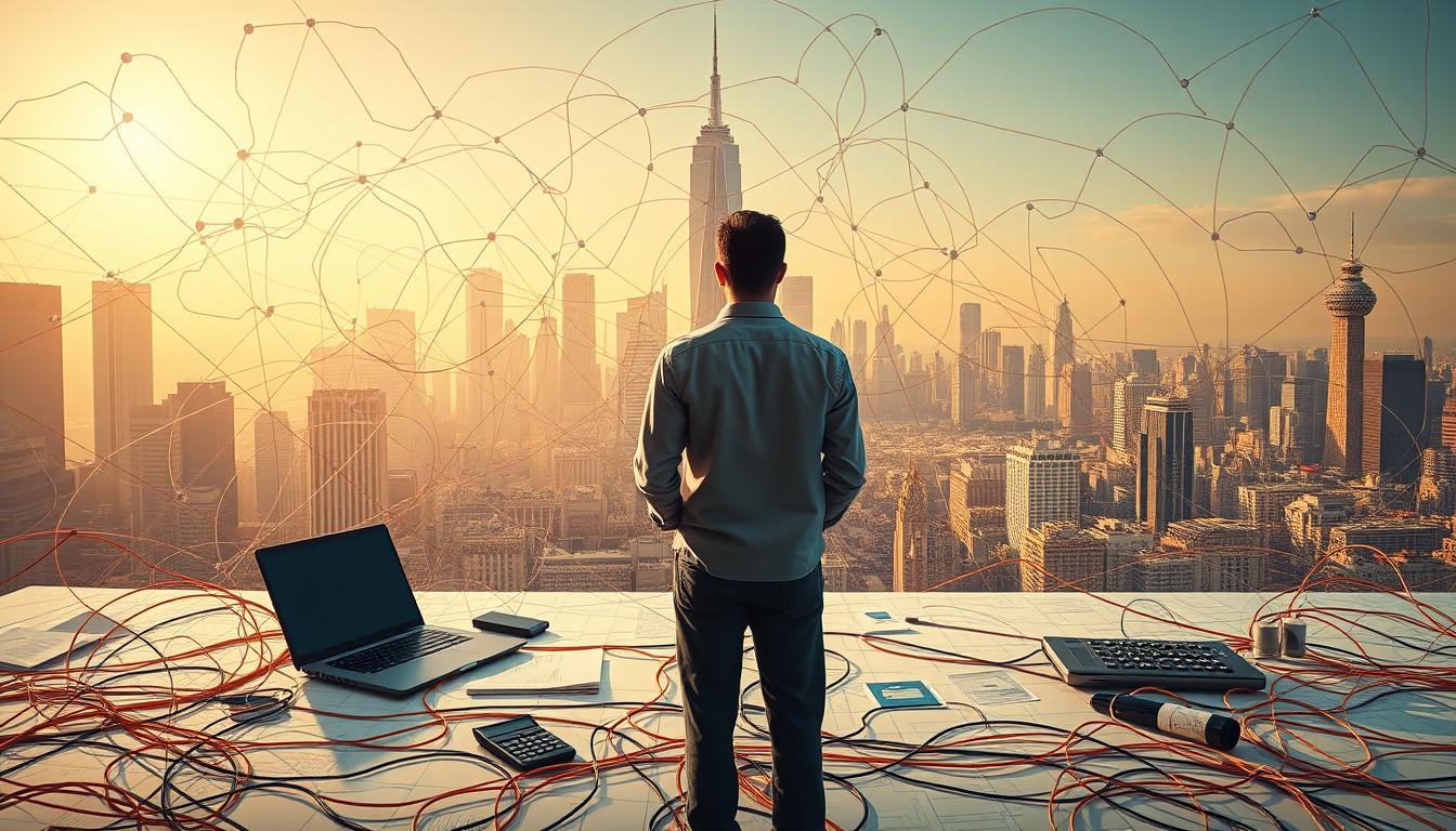 A vast financial landscape, where a person navigates a complex web of debt management. In the foreground, a figure stands amidst a sea of colored lines and charts, carefully analyzing their financial situation. The middle ground features a desktop workspace, with a laptop, calculator, and various financial documents spread out, conveying the meticulous planning required. In the background, a towering cityscape serves as a backdrop, symbolizing the wider economic environment. The scene is bathed in a warm, golden light, creating a sense of focus and determination. The overall atmosphere is one of thoughtful consideration, as the individual takes control of their financial future.