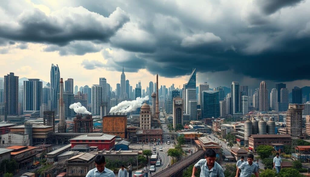 A vast, imposing metropolis skyline dominates the frame, its towering skyscrapers reaching towards the heavens. Amid the concrete jungle, factories churn out billowing plumes of smoke, symbolizing the industrial might of the nation. However, cracks begin to show - weathered infrastructure, crumbling roads, and a general sense of economic strain. In the foreground, figures representing the Thai population struggle to navigate the challenges, their expressions a mix of determination and uncertainty. Overhead, dark storm clouds loom, casting an ominous shadow over the scene, hinting at the economic headwinds Thailand must confront. The image conveys a sense of resilience and adaptability in the face of formidable obstacles, reflecting the essence of the "Challenges Facing the Thai Economy" section.