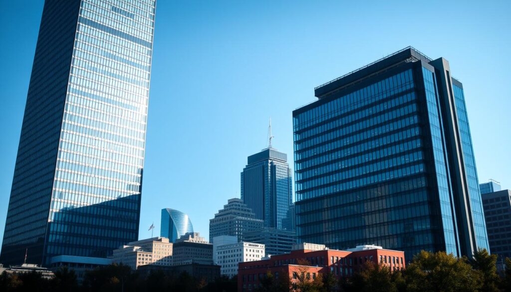 A vast, towering skyscraper representing a large, established bank stands in the foreground, its sleek, modern architecture and gleaming glass facade exuding power and stability. In the background, a cluster of smaller, more modest buildings symbolizes the smaller, independent credit organizations, their simpler designs and varied styles creating a diverse and dynamic landscape. The lighting is crisp and directional, casting dramatic shadows and highlighting the contrast between the two entities. The overall scene conveys a sense of scale, authority, and the dynamic interplay between the dominant, institutional banks and the more nimble, specialized credit providers.