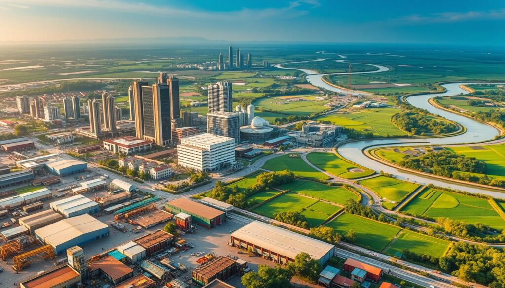 A vibrant aerial view showcasing Thailand's key industries that drive its economy. In the foreground, bustling factories and warehouses, their machinery humming with productivity. In the middle ground, towering skyscrapers and gleaming office buildings, symbols of the nation's thriving service and financial sectors. Beyond, lush green fields and winding rivers, representing the agricultural foundations that have sustained Thailand for generations. The scene is bathed in warm, golden light, evoking a sense of prosperity and growth. Seen from a high vantage point, the image conveys the scale, diversity, and interconnectedness of Thailand's economic powerhouses, working in harmony to propel the country forward.