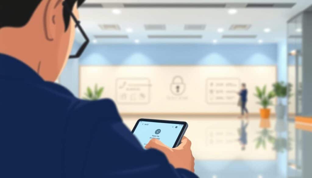 A vibrant and clear illustration showcasing the "본인확인" process. In the foreground, a person is focused on a digital device, possibly a smartphone or tablet, with a verification screen prominently displayed. The middle ground features a clean, minimalist design aesthetic with subtle geometric shapes and a soft, muted color palette, conveying a sense of security and efficiency. The background is slightly blurred, allowing the focal point to stand out, with a subtle gradient adding depth and a calming atmosphere. The overall scene is well-lit, with a combination of natural and artificial lighting creating a balanced, professional look. The angle is slightly elevated, giving a sense of authority and trustworthiness to the "본인확인" process.