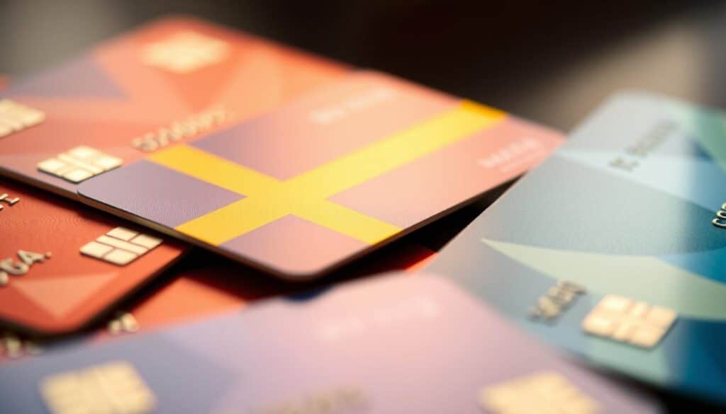 A vibrant and detailed image of several Swedish bank cards, arranged in a visually appealing composition. The cards should be depicted with a shallow depth of field, allowing the foreground elements to be in sharp focus while the background is gently blurred. Capture the cards from a slightly elevated angle, creating a sense of depth and dimensionality. Utilize warm, soft lighting to create a pleasant, inviting atmosphere, highlighting the textured surfaces and metallic accents of the cards. The overall mood should convey a sense of financial responsibility, practicality, and informed decision-making.