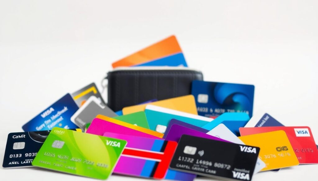 A vibrant and diverse collection of payment cards set against a clean, minimalist background. In the foreground, various credit, debit, and prepaid cards in different colors and designs are displayed, showcasing the wide range of alternatives available to Swedish consumers. The middle ground features a sleek, contemporary wallet or card holder, hinting at the convenience and versatility of these payment options. The background is a soft, neutral tone, allowing the cards to take center stage and emphasize the variety of choices. The overall composition conveys a sense of modern, streamlined financial flexibility, reflecting the evolving landscape of banking and payment solutions in Sweden.