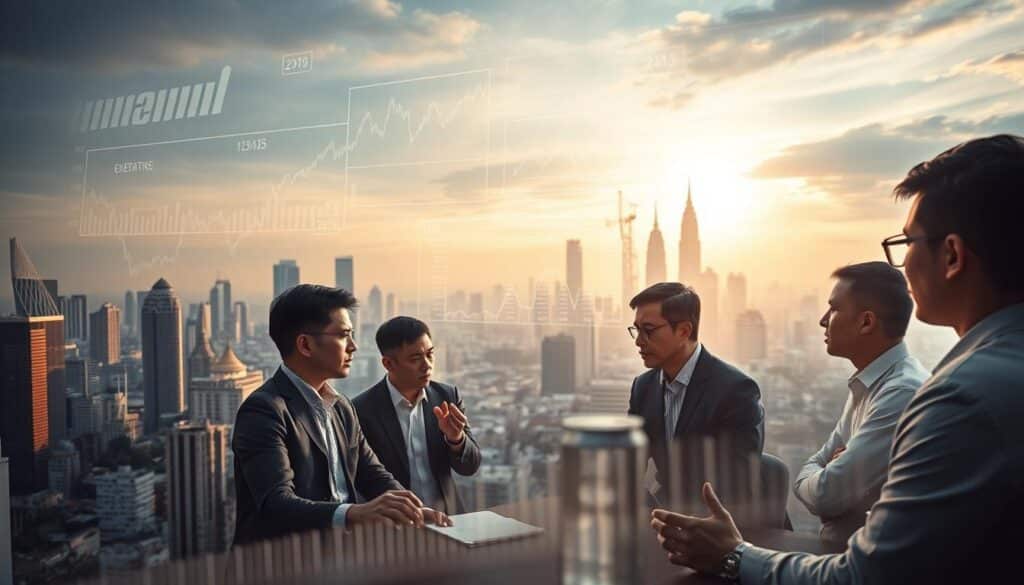 A vibrant and dynamic cityscape, with the skyline of Bangkok as the backdrop. In the foreground, intricate graphs and charts depicting economic trends and forecasts float ethereally, surrounded by a hazy glow. The middle ground features a panel of analytical experts deep in discussion, their gestures and expressions conveying a sense of contemplation and anticipation. The lighting is soft and diffused, creating an air of contemplation and seriousness. The overall composition suggests a balance between the tangible data and the human interpretation, capturing the essence of Thai economic forecasting.
