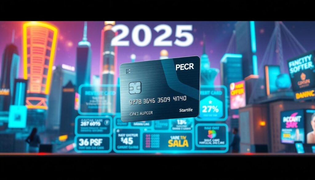 A vibrant and dynamic credit card promotion scene set in 2025. In the foreground, a sleek and modern credit card hovers, its metallic surface gleaming under warm, inviting lighting. Behind it, a backdrop of futuristic city skylines with towering skyscrapers, holograms, and neon signage creates a sense of technological advancement. The middle ground features an array of enticing offers and discounts, presented through holographic displays and interactive interfaces. The overall atmosphere conveys a sense of excitement, innovation, and the future of financial services.
