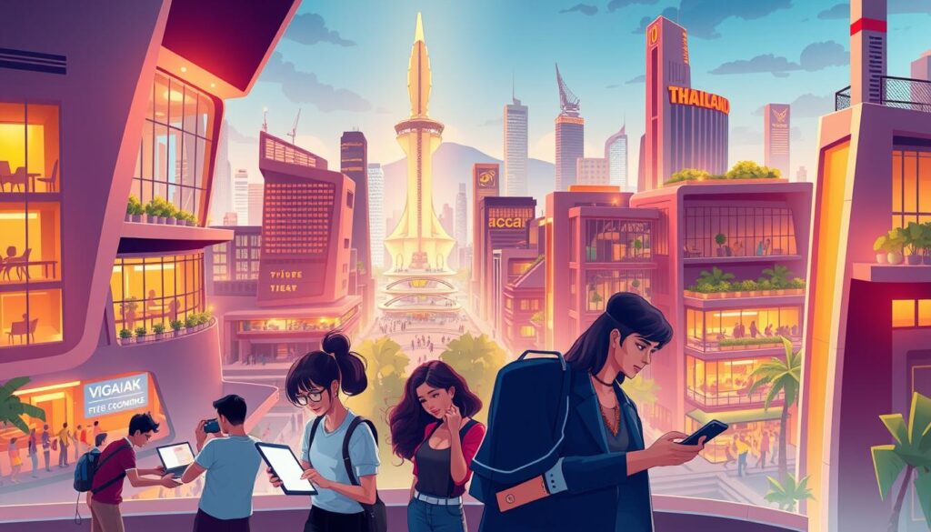 A vibrant and dynamic illustration of Thailand's creative economy. A futuristic cityscape with sleek modern buildings, bustling with activity and innovation. The foreground features a group of young, diverse professionals collaborating on digital devices, representing the collaborative and tech-driven nature of the creative industries. The middle ground showcases a range of creative businesses and startups, from design studios to art galleries, all connected by a network of elevated walkways and green spaces. In the background, a towering monument or landmark symbolizes the pride and aspirations of the Thai creative economy. Warm, neon-infused lighting casts an energetic glow, conveying a sense of progress, dynamism, and the country's potential for growth.