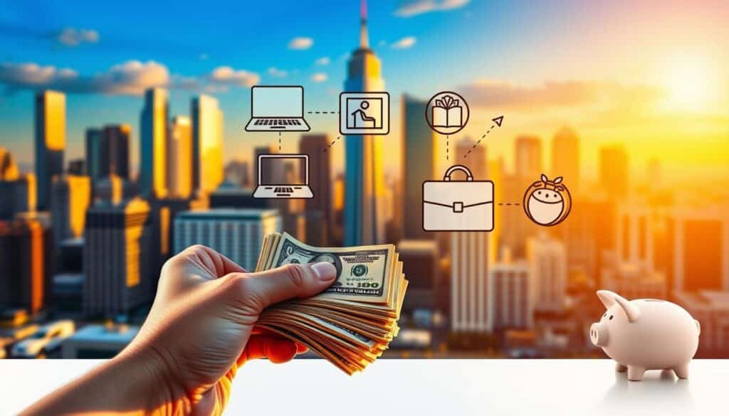 A vibrant and dynamic scene depicting additional sources of income. In the foreground, a person is holding a stack of bills, representing financial gain. The middle ground features various icons symbolizing diverse income streams, such as a laptop for freelancing, a briefcase for a side business, and a piggy bank for passive investments. The background showcases a bustling city skyline, hinting at the boundless opportunities for financial growth. The lighting is warm and inviting, casting a sense of optimism and opportunity. The composition is balanced, with the focal points drawing the viewer's attention to the key elements of the scene. The overall mood is one of prosperity, industriousness, and a drive to maximize financial potential.