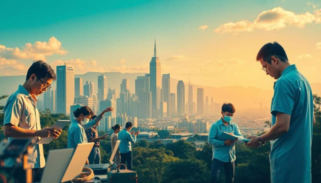 A vibrant and dynamic scene depicting the essential skills for the Thai labor market. In the foreground, skilled workers engage in various tasks - programming, engineering, healthcare, and service industries - representing the diverse range of skills in demand. In the middle ground, a bustling cityscape with towering skyscrapers and modern infrastructure symbolizes the rapidly evolving economy. In the background, a serene natural landscape provides a sense of balance and harmony, suggesting the need for a well-rounded approach to personal and professional development. The scene is illuminated by warm, golden lighting, creating a sense of optimism and opportunity. The composition should convey the importance of lifelong learning, adaptability, and the ability to thrive in the new Thai economic landscape.