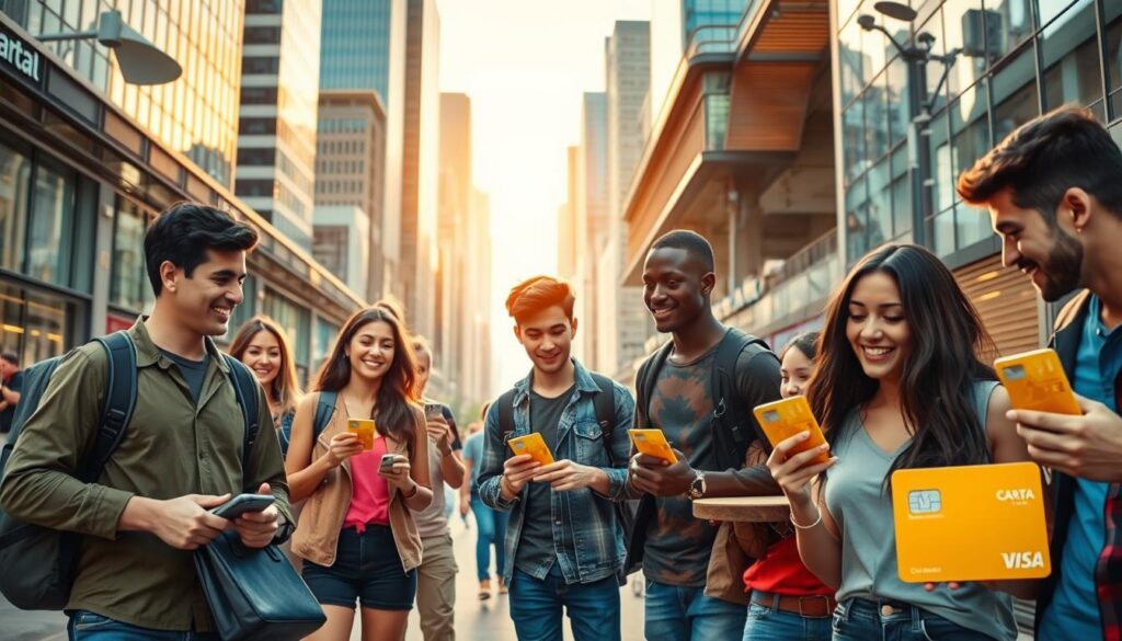 A vibrant and dynamic scene showcasing the advantages of the Carta Superflash prepaid card for young, always-on-the-move individuals. In the foreground, a group of diverse, energetic young adults engaged in various activities - commuting, shopping, dining, and socializing. They effortlessly tap their Carta Superflash cards to make seamless transactions, highlighting the card's convenience and versatility. The middle ground features a bustling urban landscape with sleek, modern architecture, reflecting the fast-paced, cosmopolitan lifestyle of the target audience. In the background, a warm, golden-hour lighting bathes the scene, creating a sense of youthful optimism and excitement. The overall composition emphasizes the Carta Superflash's ability to empower the dynamic lifestyles of young, tech-savvy individuals. A vibrant and dynamic scene showcasing the advantages of the Carta Superflash prepaid card for young, always-on-the-move individuals. In the foreground, a group of diverse, energetic young adults engaged in various activities - commuting, shopping, dining, and socializing. They effortlessly tap their Carta Superflash cards to make seamless transactions, highlighting the card's convenience and versatility. The middle ground features a bustling urban landscape with sleek, modern architecture, reflecting the fast-paced, cosmopolitan lifestyle of the target audience. In the background, a warm, golden-hour lighting bathes the scene, creating a sense of youthful optimism and excitement. The overall composition emphasizes the Carta Superflash's ability to empower the dynamic lifestyles of young, tech-savvy individuals.