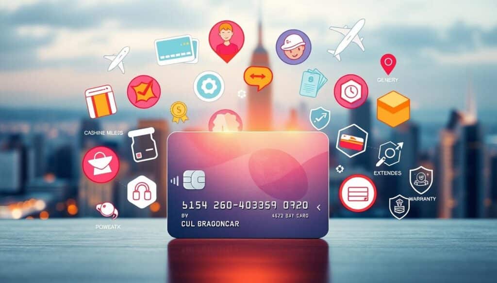 A vibrant and informative illustration depicting the key benefits of credit cards. In the foreground, a stylized credit card takes center stage, its surface gleaming under soft, diffused lighting. Surrounding it, a collage of icons and symbols representing the card's various perks and rewards, such as cash-back, airline miles, purchase protection, and extended warranties. In the background, a subtly blurred cityscape provides a sense of context, hinting at the diverse financial and lifestyle advantages credit cards can offer. The overall composition strikes a balance between informative clarity and visually appealing design, creating an image that effectively communicates the core "benefits" message.