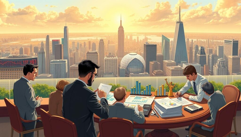 A vibrant and informative illustration of investment funds, showcasing a diverse portfolio of financial instruments. In the foreground, a group of people gathered around a large, elegant table, examining charts, graphs, and documents - their expressions pensive yet determined. In the middle ground, a panoramic view of a bustling financial district, with skyscrapers, stock tickers, and trading floors visible. In the background, a serene, cloud-filled sky, illuminated by soft, golden lighting, creating a sense of stability and security. The overall scene conveys the complexity and dynamism of the world of investment funds, as well as the thoughtful decision-making process involved in managing them.