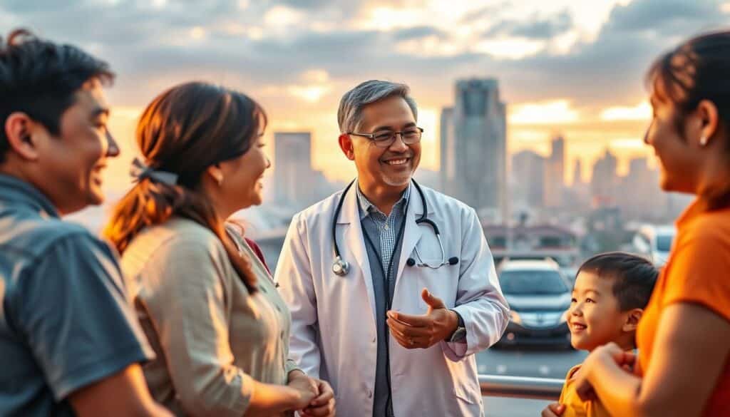 A vibrant and inviting scene depicting the importance of health insurance for the Filipino community. In the foreground, a Filipino family is gathered, smiling and engaged in a warm conversation, conveying a sense of security and protection. The middle ground showcases a healthcare professional, dressed in a crisp white coat, offering guidance and assistance, symbolizing the accessibility and care provided by the Filipino health insurance system. In the background, a modern city skyline with skyscrapers and bustling streets, representing the dynamic and evolving nature of the Filipino economy and the need for comprehensive financial protection. The scene is illuminated by soft, natural lighting, creating a calming and reassuring atmosphere, while the composition and color palette evoke a sense of harmony and prosperity.
