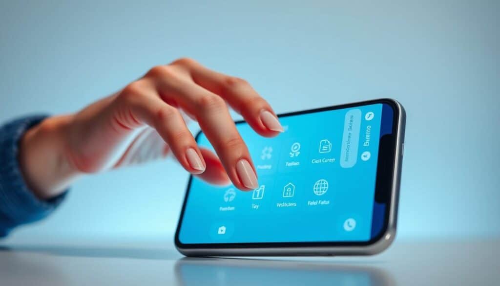 A vibrant and modern banking application interface displayed on a sleek smartphone, showcasing a clean and intuitive design. The foreground features a woman's hand elegantly interacting with the touchscreen, highlighting the seamless user experience. In the middle ground, various banking features and tools are neatly arranged, inviting the user to explore the app's functionality. The background provides a subtle, minimalist context, with a soft, cool-toned color palette that emphasizes the app's sophisticated and trustworthy aesthetic. The lighting is soft and diffused, creating a sense of professionalism and reliability. The camera angle is slightly angled, providing a dynamic and engaging perspective. Overall, the image conveys the ease, convenience, and reliability of modern online banking in Slovenia.